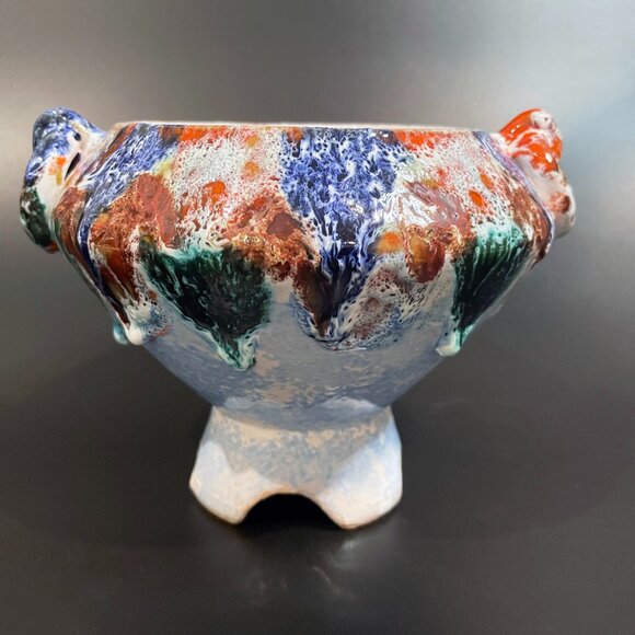 Vintage Italian Pottery Footed Planter / Vase Lava Glaze Double Handles 1960s - Picture 1 of 8